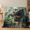 A realistic depiction of a large dinosaur head, likely a Tyrannosaurus Rex, in a dense jungle environment.