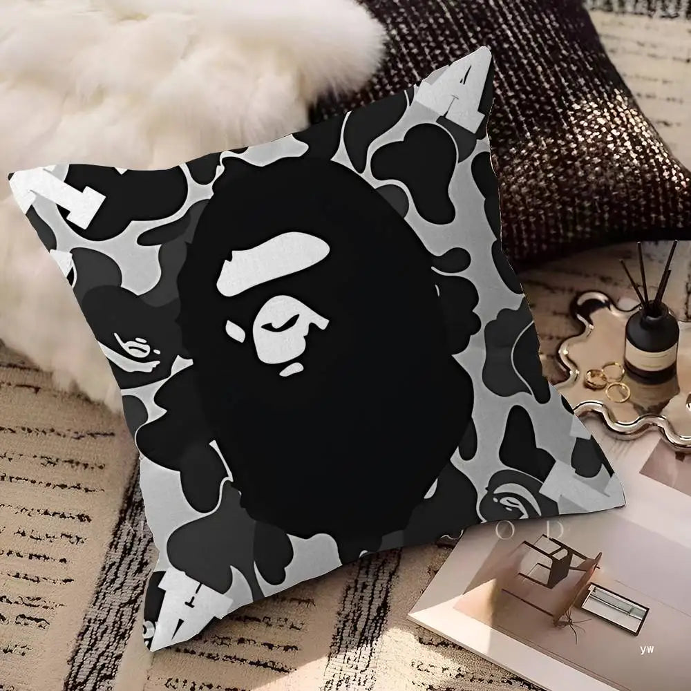 A decorative pillow cover featuring a black and white camouflage print with a stylized face design.