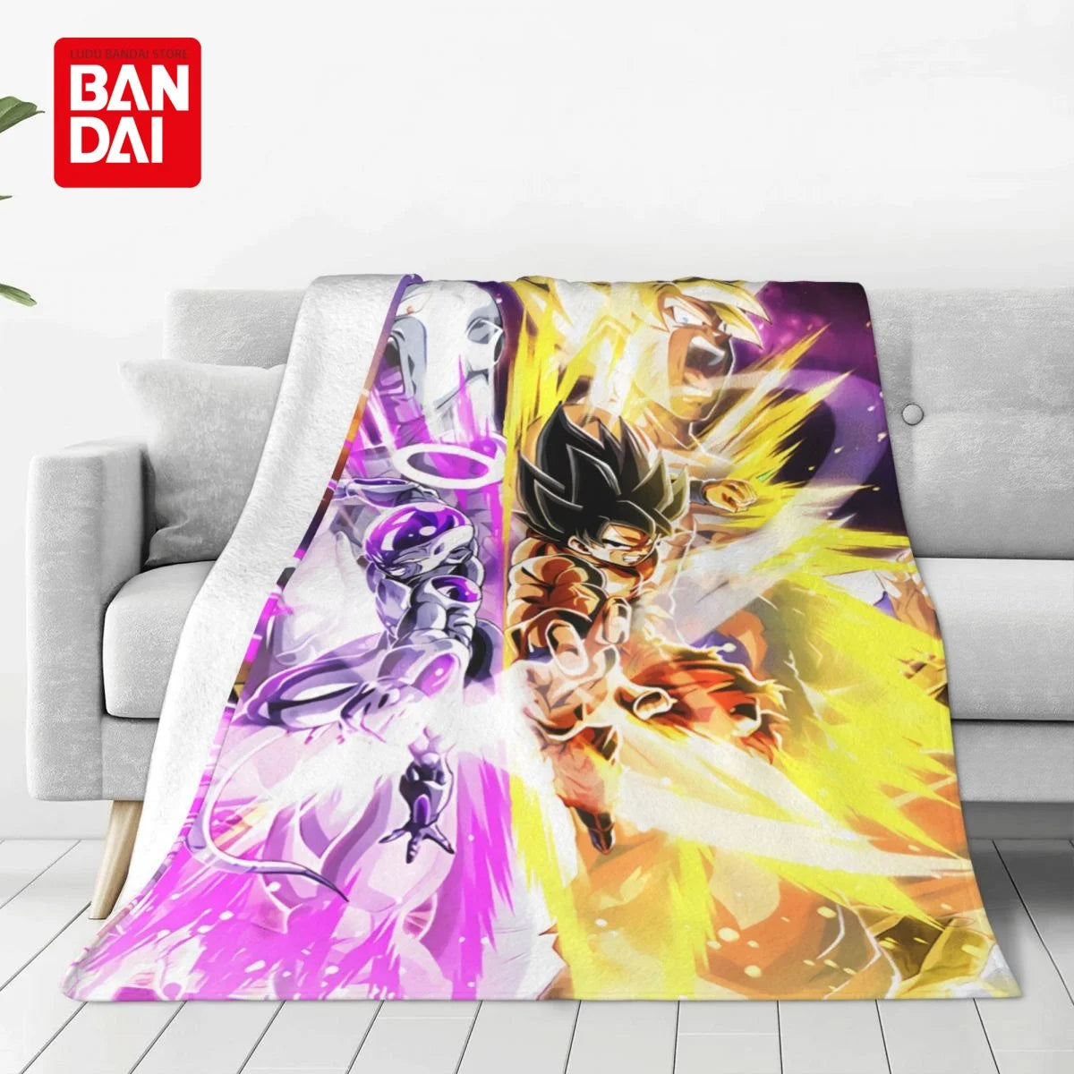 A colorful anime character flannel throw blanket featuring a powerful, glowing figure in purple and yellow tones.