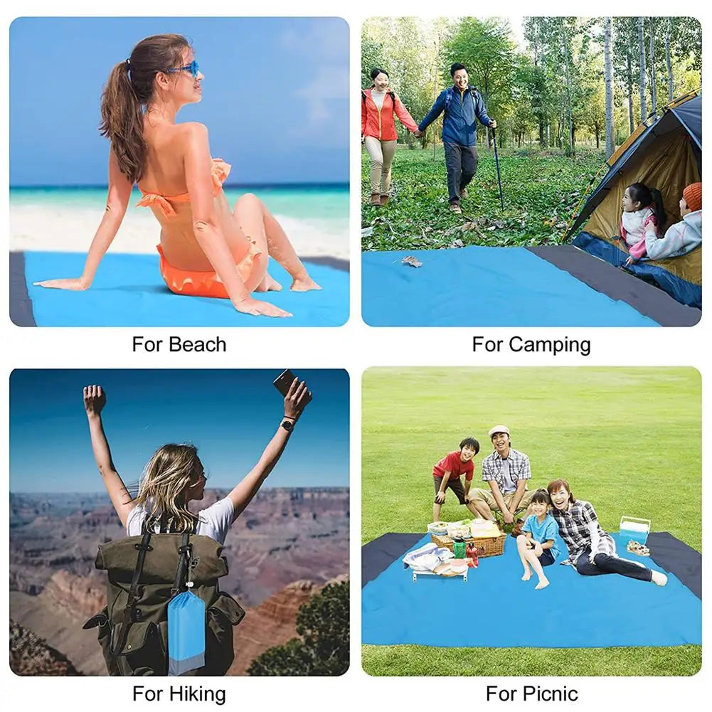Four images showing a foldable waterproof outdoor picnic mat used for beach, camping, hiking, and picnic activities.