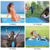 Four images showing a foldable waterproof outdoor picnic mat used for beach, camping, hiking, and picnic activities.