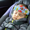 A baby is sleeping comfortably in a carrier with a colorful head and neck support pillow.