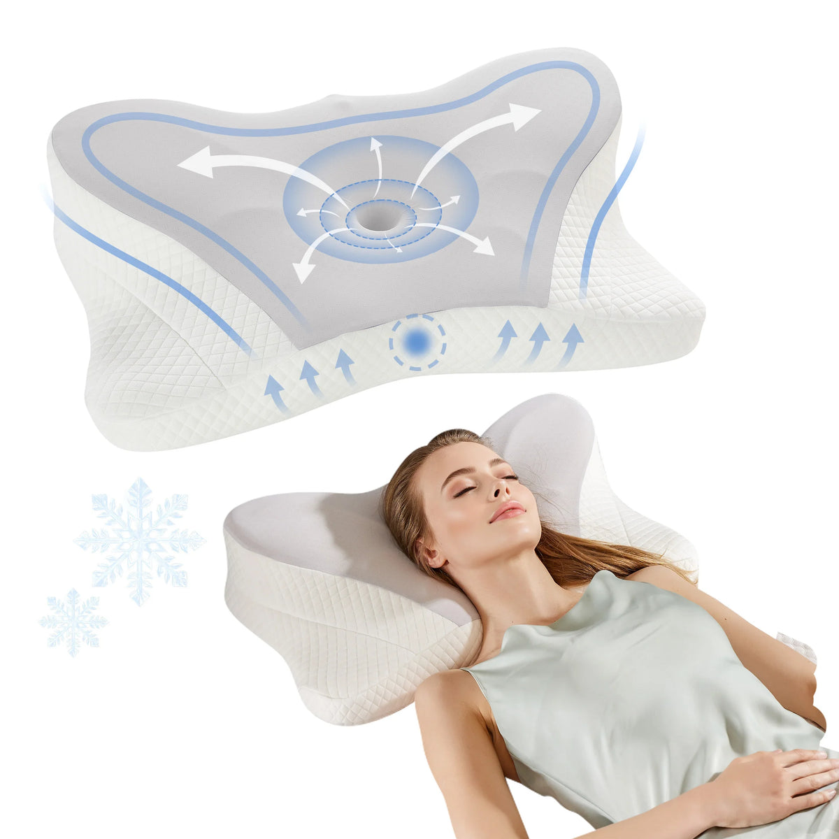 A person is resting their head on a white ergonomic memory foam pillow with a cooling cover.