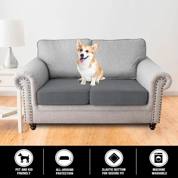 Gray sofa seat cushion cover with a dog sitting on it, showing all-around protection and elastic bottom for a secure fit