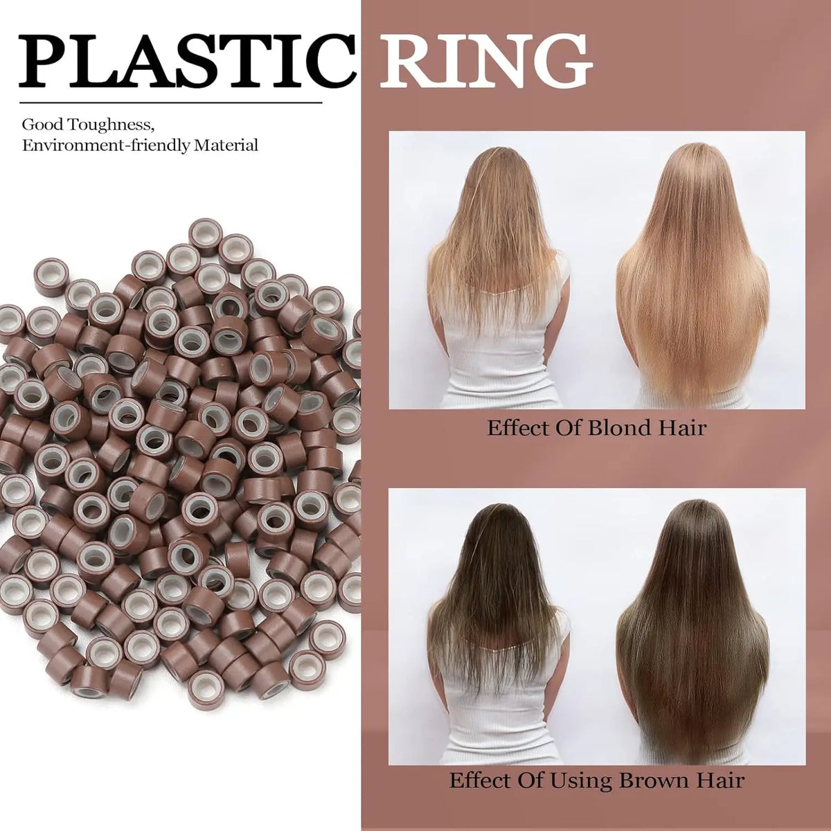A collection of plastic rings used for hair extensions, showing the effect of blond and brown hair.