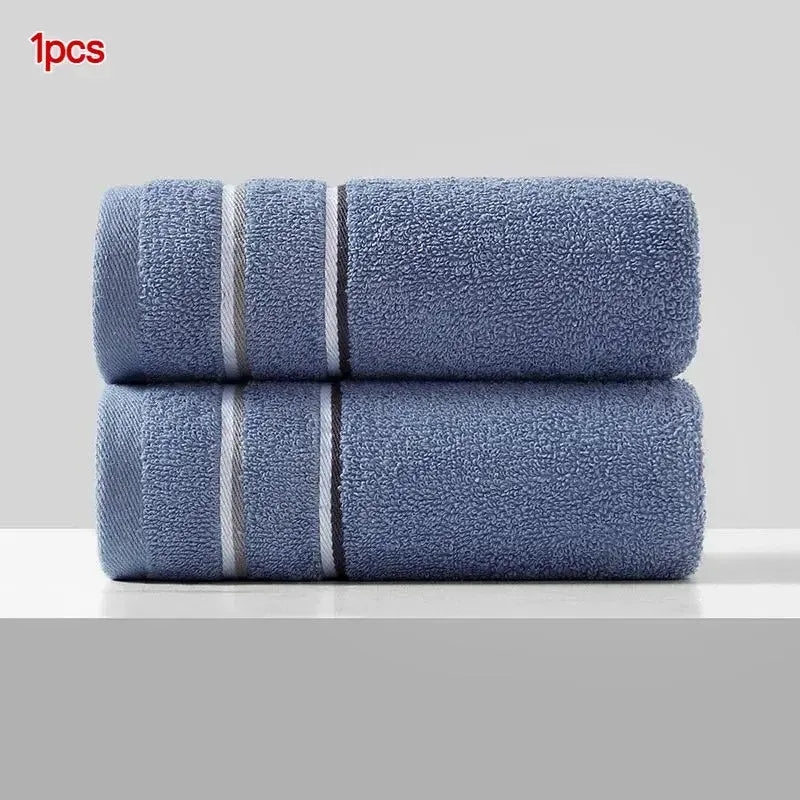 Two stacked blue microfiber face towels with white stripes.
