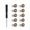A set of thirty round brass jeans buttons arranged in rows for clothing