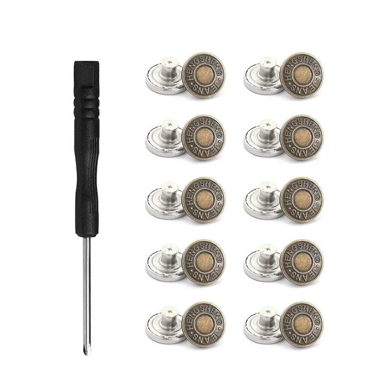 A set of thirty round brass jeans buttons arranged in rows for clothing