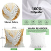 Front and back views of a decorative throw pillow cover featuring golden white wings on a polyester fabric.