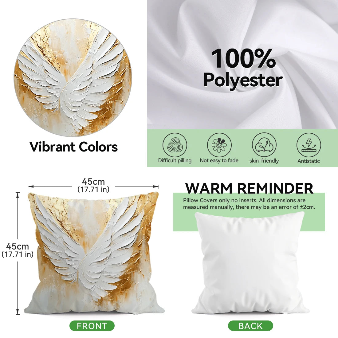 Front and back views of a decorative throw pillow cover featuring golden white wings on a polyester fabric.