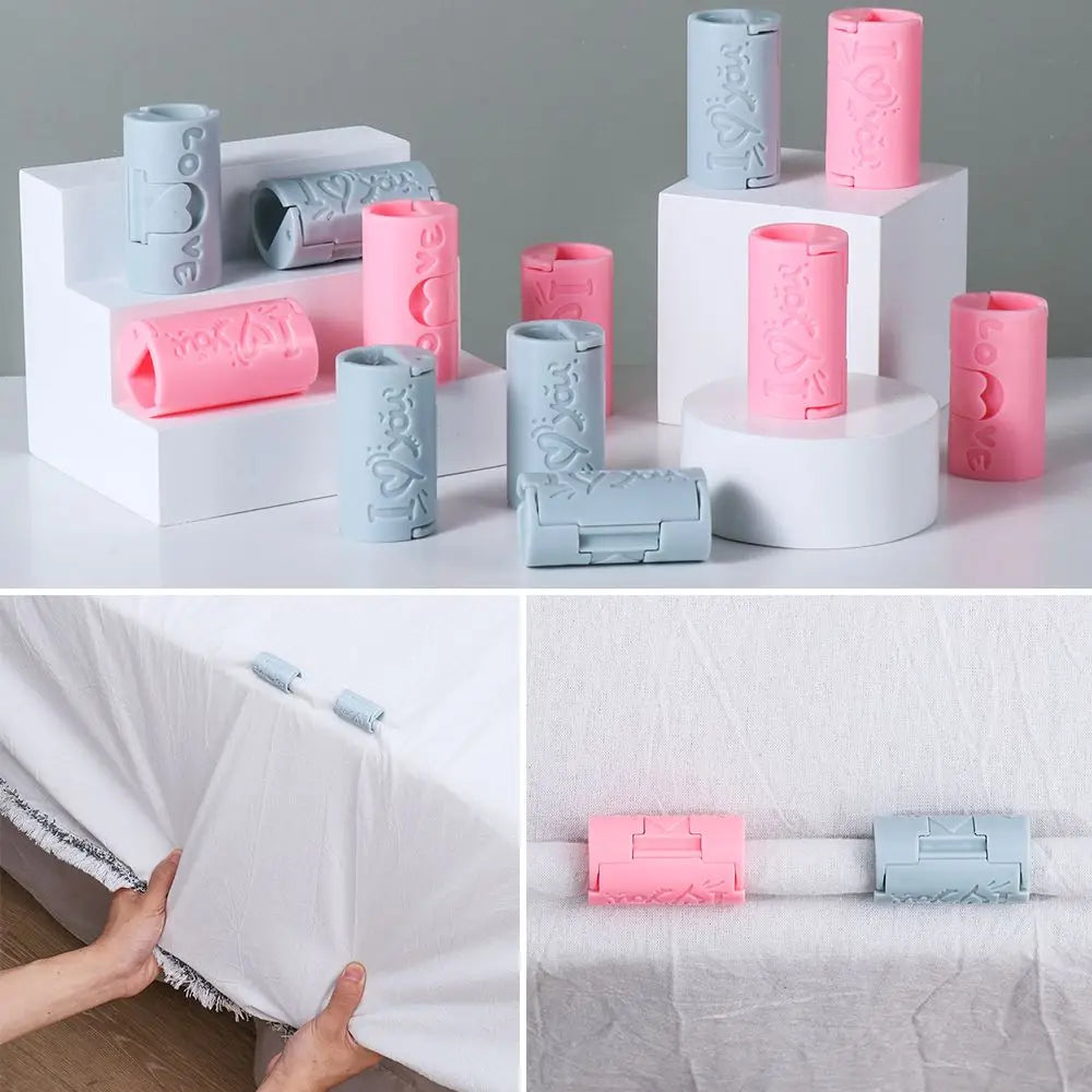 A set of six pink and blue invisible sheet clips arranged on white display stands, shown alongside examples of the clips secu