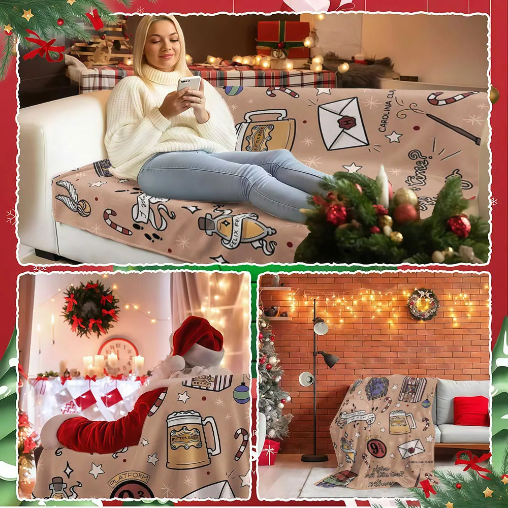 A woman is relaxing on a sofa covered with a cozy flannel throw blanket, surrounded by festive holiday decorations.