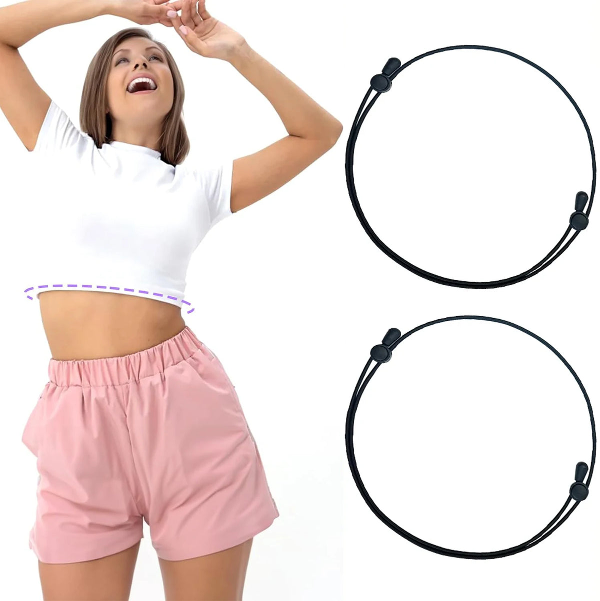 A woman models a pink crop top and shorts while demonstrating an adjustable crop tuck band for tops.
