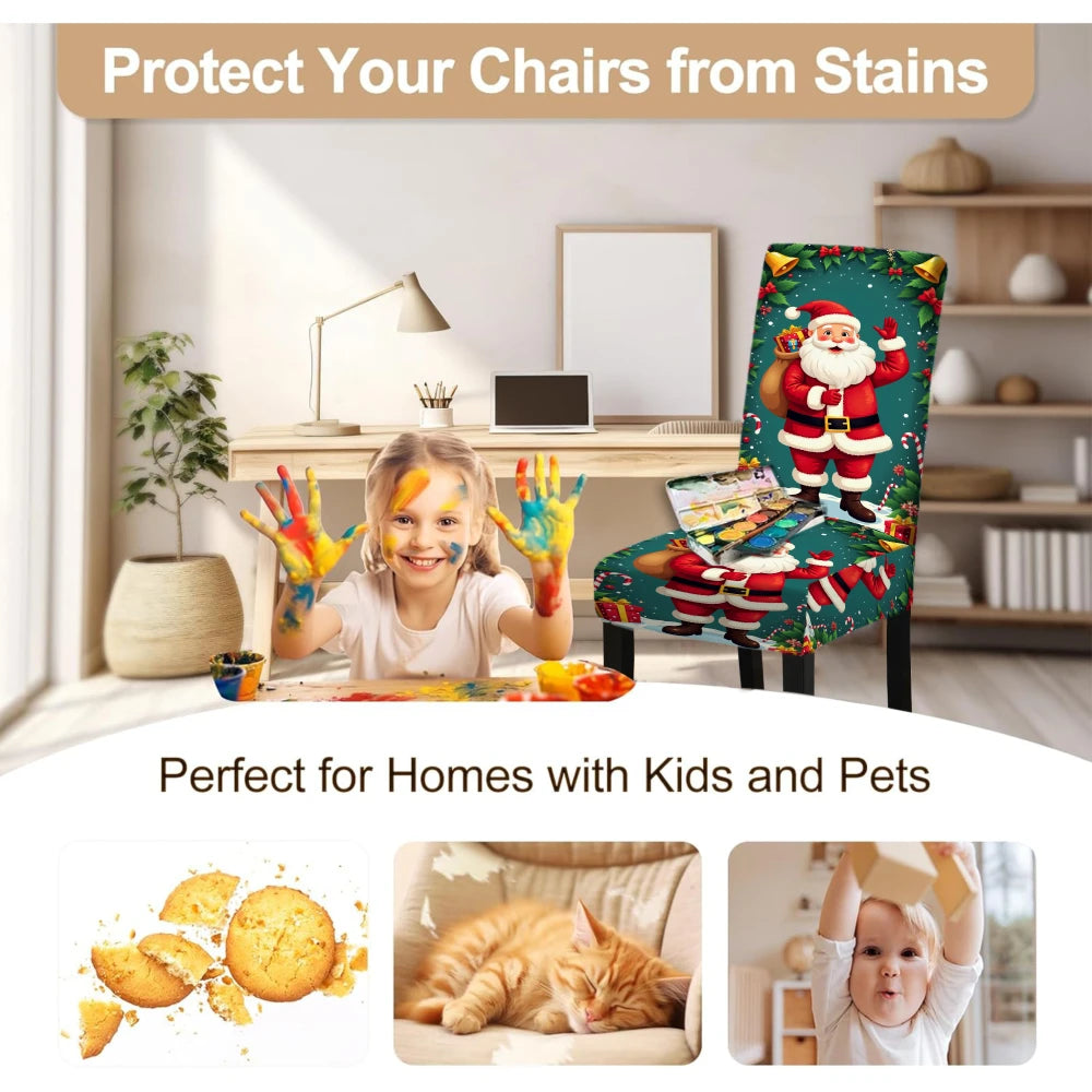 A child is sitting on a chair covered with a Santa Claus pattern stretch cover in a living room setting.