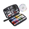 A portable sewing kit containing various tools, needles, and colorful threads is displayed in an open black case.
