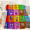 A colorful set of cartoon-themed throw blankets featuring various expressive faces and characters.