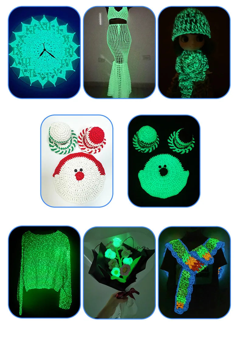 A collection of glow-in-the-dark yarn items including a clock, a knitted dress, and various crochet patterns.