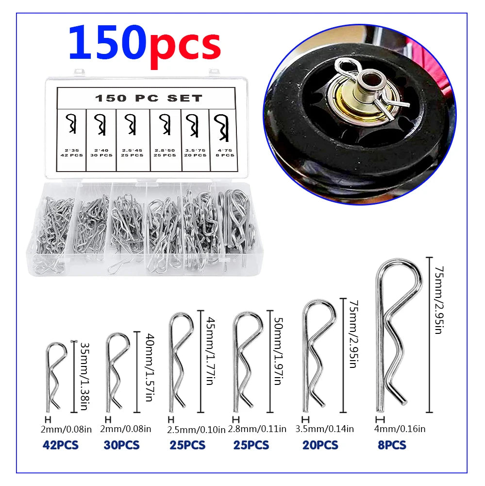 Assortment of galvanized steel cotter pins and R-clips in various sizes packaged in sets.