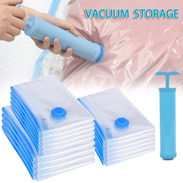 A hand is using a blue vacuum storage bag on pink fabric, with stacks of clear vacuum storage bags and a blue dispenser bottl