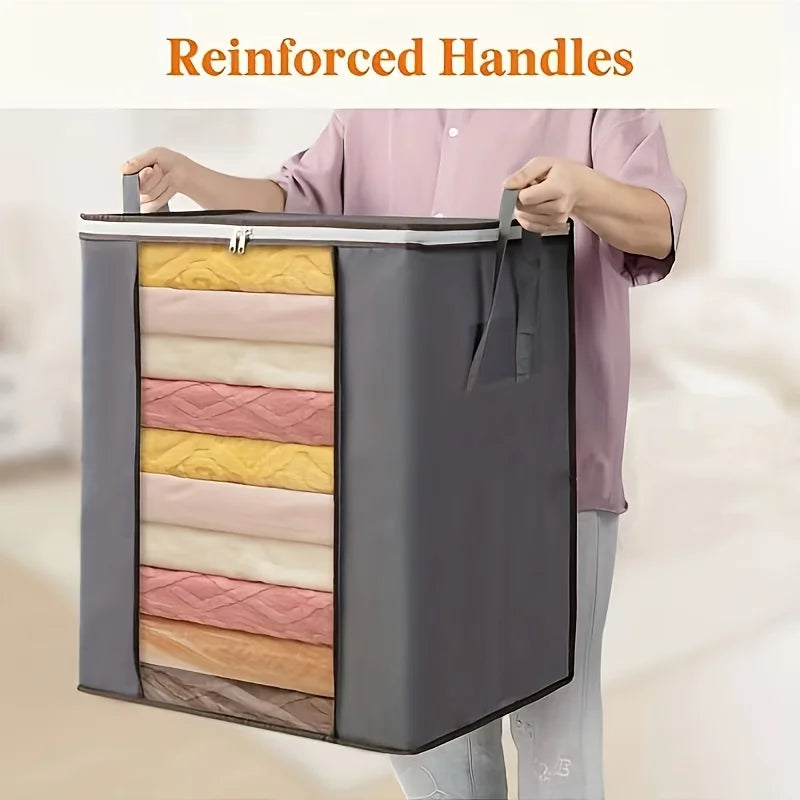A person is holding an extra large foldable storage bag with reinforced handles, showing the colorful interior and dark exter