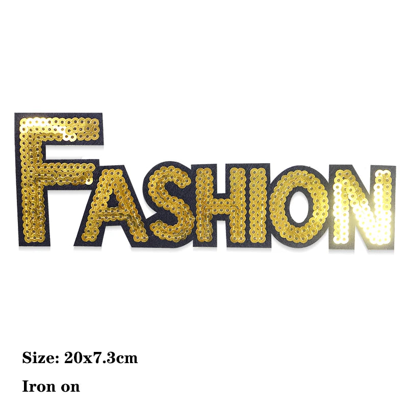 Gold sequin icon iron-on patch spelling the word FASHION