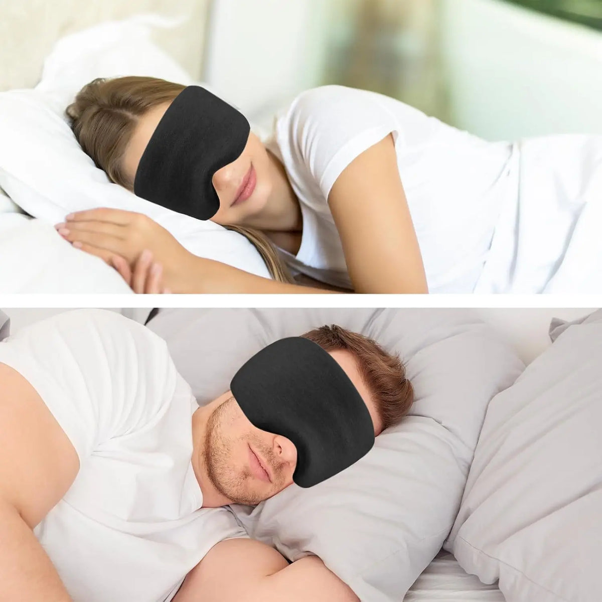 A woman sleeping comfortably with a black contoured sleep mask on her eyes, and a man sleeping with the same black mask.