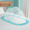 Light blue foldable mosquito net canopy with a ruffled edge shown on a white bed for infant cots.