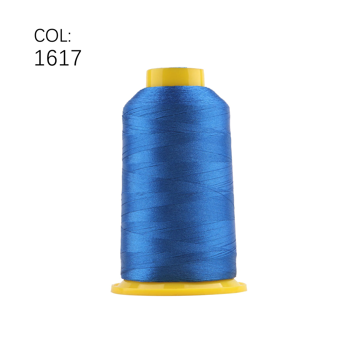 A spool of blue embroidery thread with a yellow core.