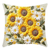 A decorative cushion pillow cover featuring a floral pattern of yellow and white sunflowers and greenery.