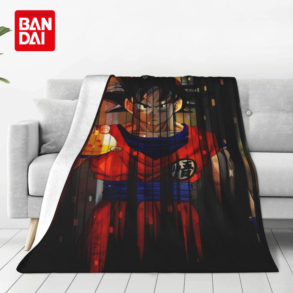 A dark, dramatic illustration of an anime character wearing red armor and a blue collar, displayed as a flannel throw blanket