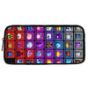 A black zippered pouch containing a grid of colorful cartoon kids' accessories including bags and pencil cases.