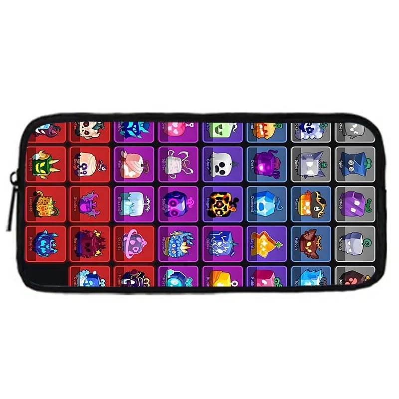A black zippered pouch containing a grid of colorful cartoon kids' accessories including bags and pencil cases.