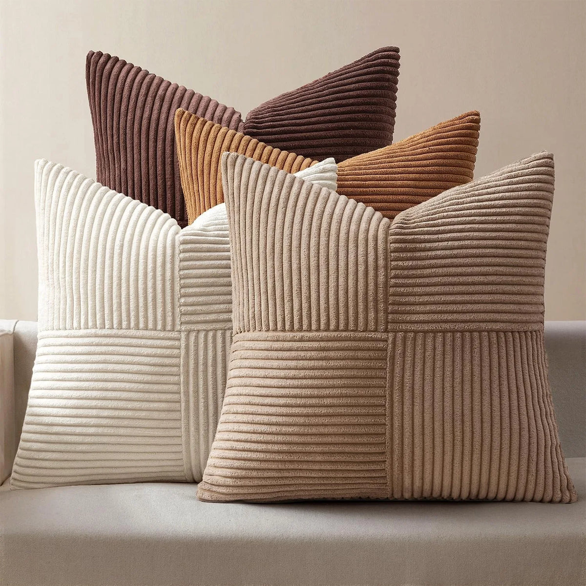 A set of four neutral corduroy throw pillow covers in various shades of brown and beige with a patchwork design.