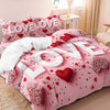 Pink bedding set with red hearts and floral patterns featuring the words LOVE and OVE