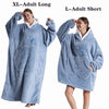 A comparison of an XL Adult Long blue fleece blanket hoodie and an L Adult Short blue fleece blanket hoodie.