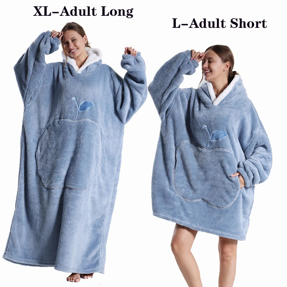 A comparison of an XL Adult Long blue fleece blanket hoodie and an L Adult Short blue fleece blanket hoodie.