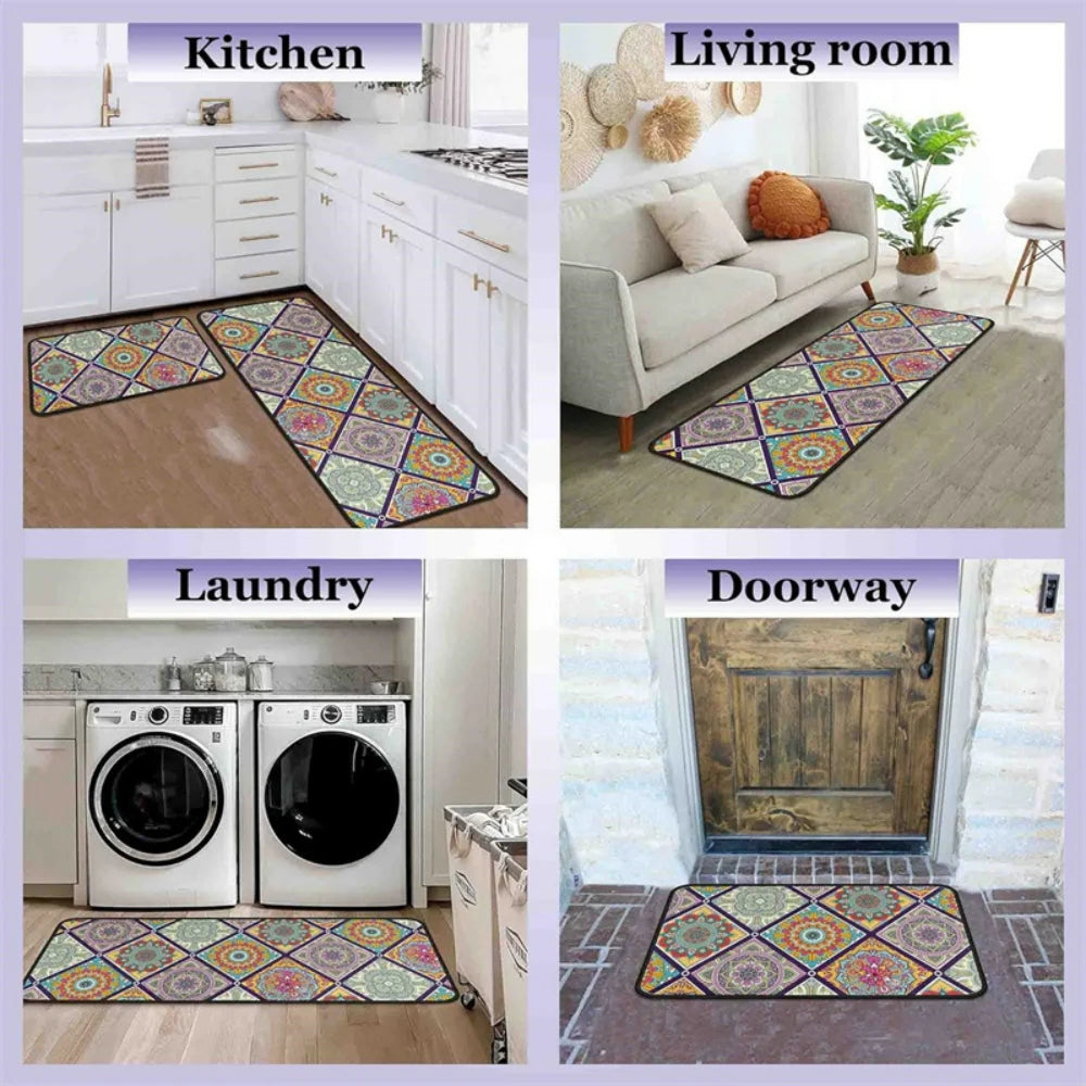 A collage showing various floor mats in a kitchen, living room, laundry area, and doorway setting.