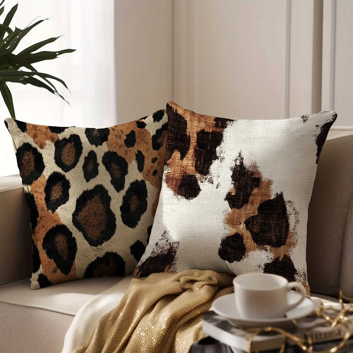A close-up of a beige leopard print decorative pillow cover resting on a light gray sofa with a gold throw blanket and a whit