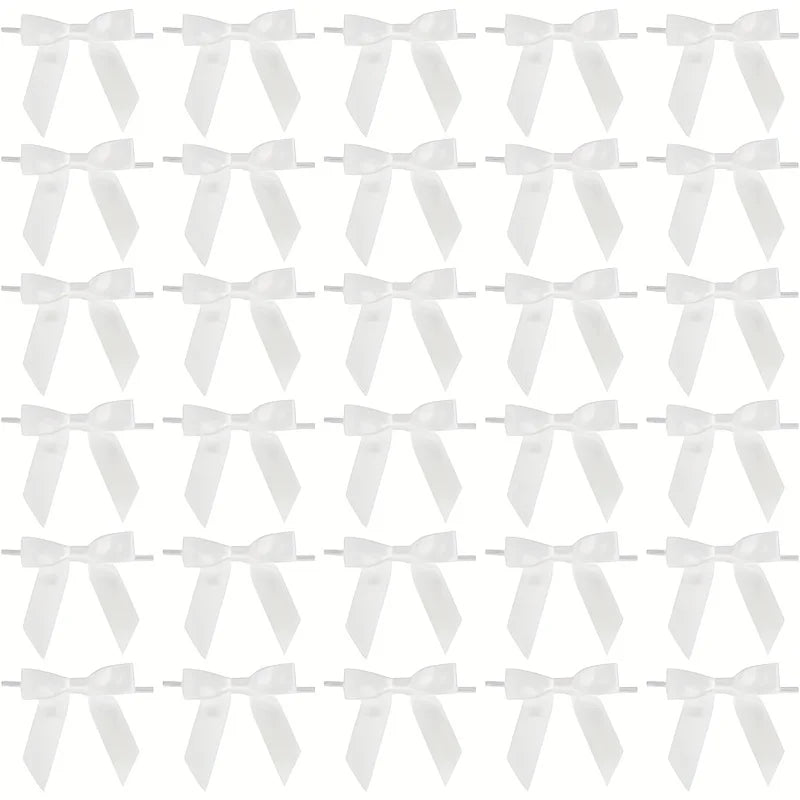 A pack of 50 satin ribbon twist tie bows in various colors and styles.