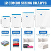 Twelve combo sizing charts for thickened vacuum compression storage bags showing sizes from small to jumbo