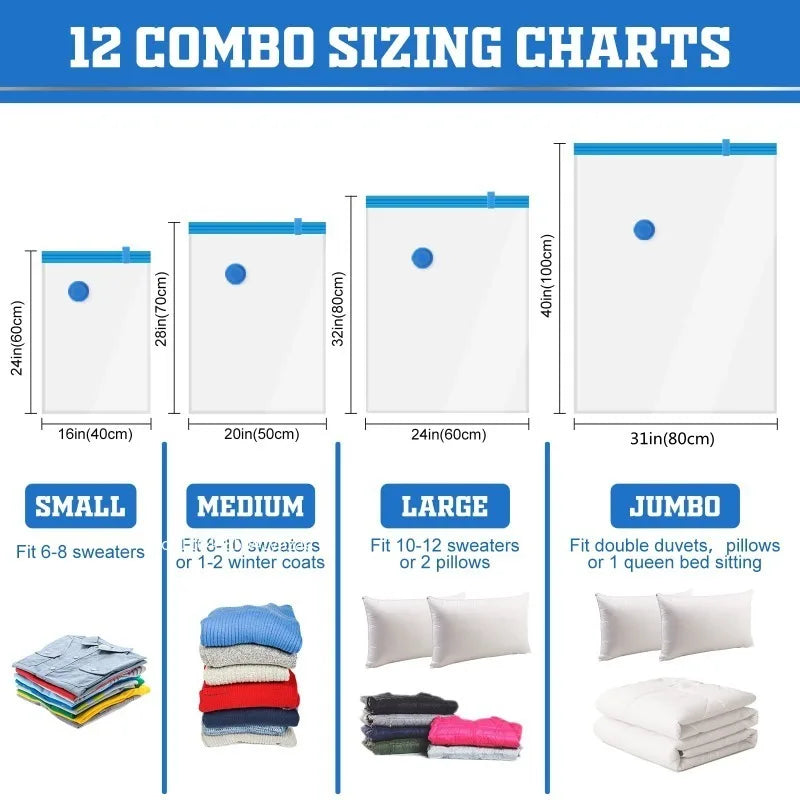 Twelve combo sizing charts for thickened vacuum compression storage bags showing sizes from small to jumbo