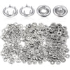 A collection of silver precision iron snap buttons for DIY sewing and crafting, shown individually and in bulk.