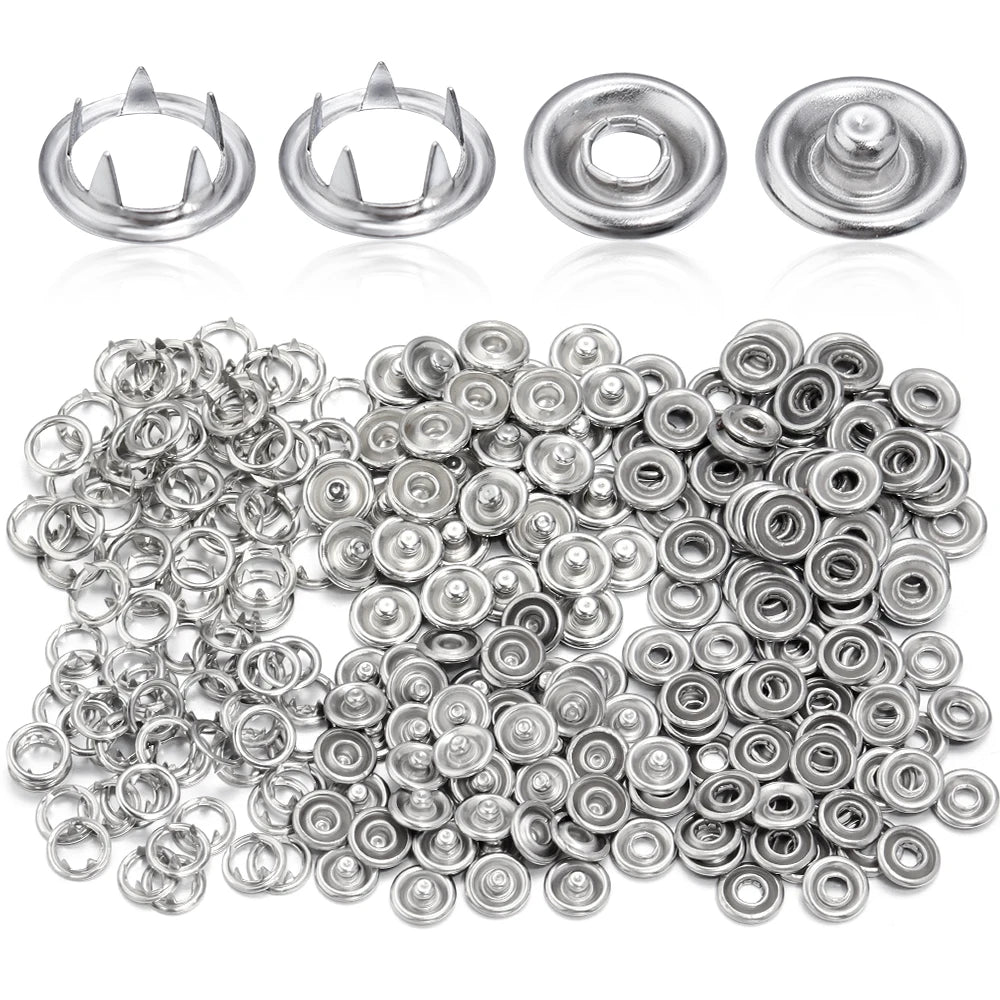 A collection of silver precision iron snap buttons for DIY sewing and crafting, shown individually and in bulk.