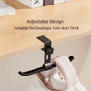 Black adjustable aluminum alloy desk hook with dual clips used to hang a bag or item.