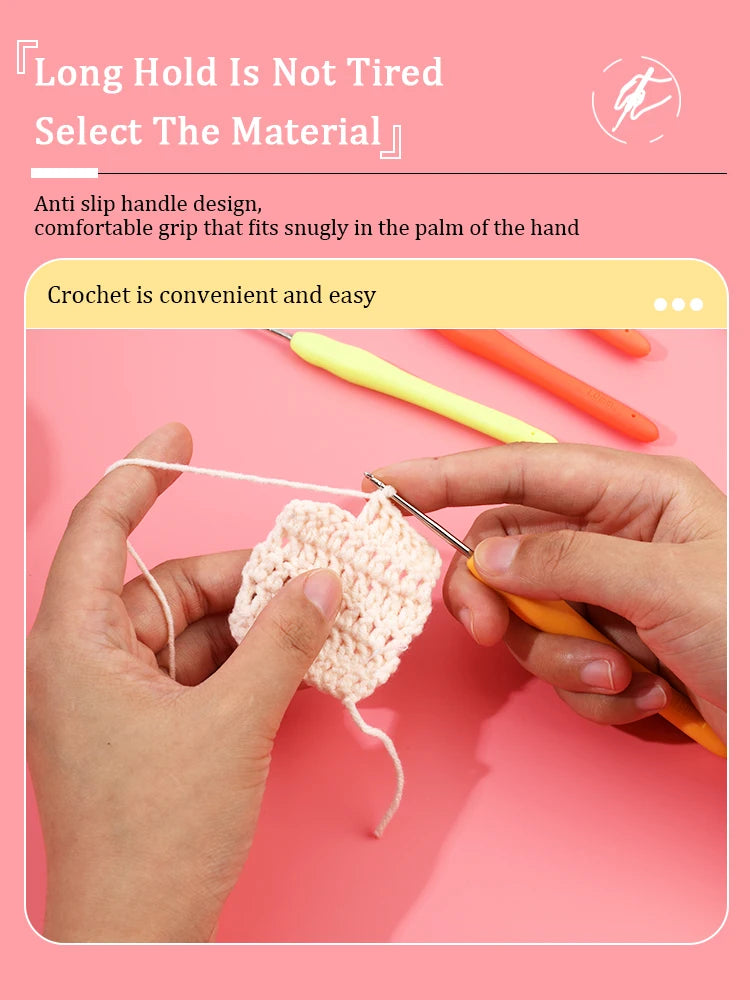 Hands are using aluminum plastic crochet hooks to work with white yarn on a pink background.