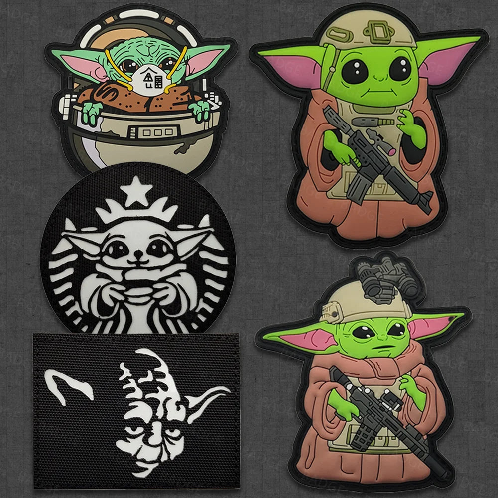 A collection of tactical glow patches featuring characters from Star Wars, including Grogu and Yoda.