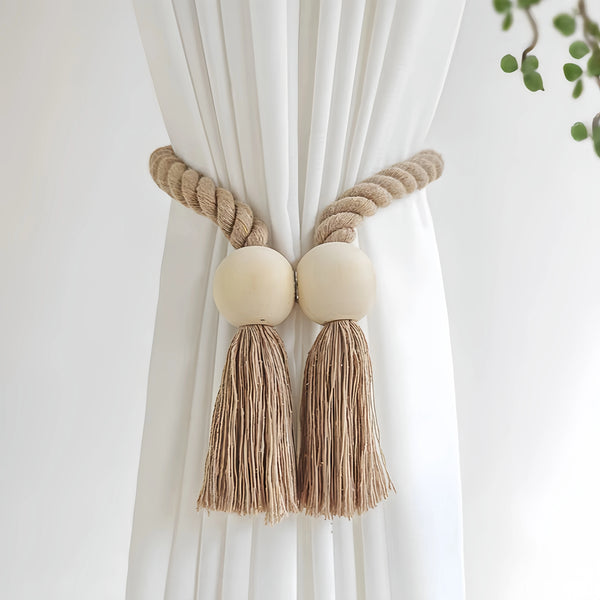 Hand-woven wooden curtain tiebacks with beige rope and natural fiber tassels