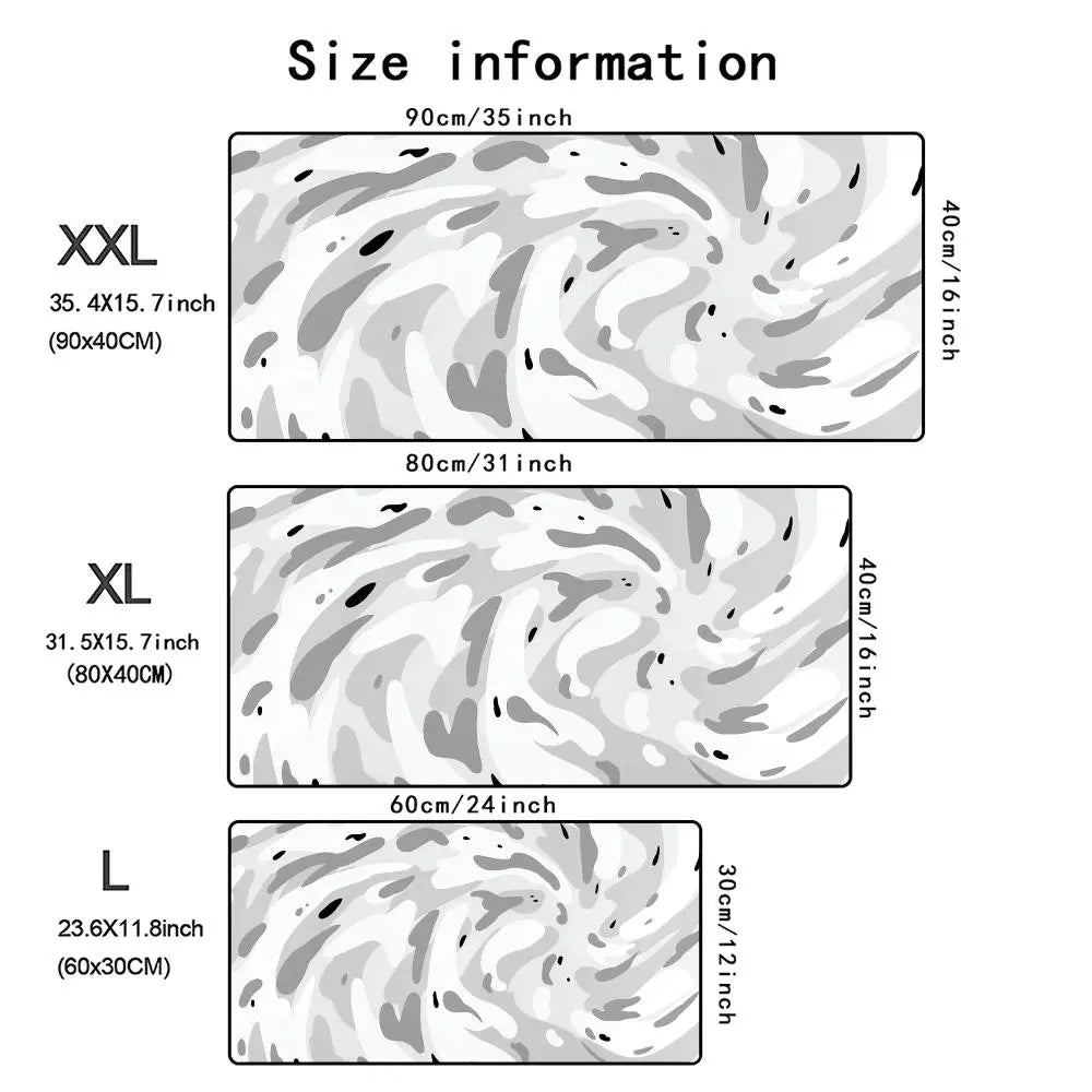 Size chart showing dimensions for XXL, XL, and L sizes of a large art vortex mouse pad.