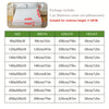 A table showing various sizes of mattress covers and their corresponding dimensions in centimeters and inches.