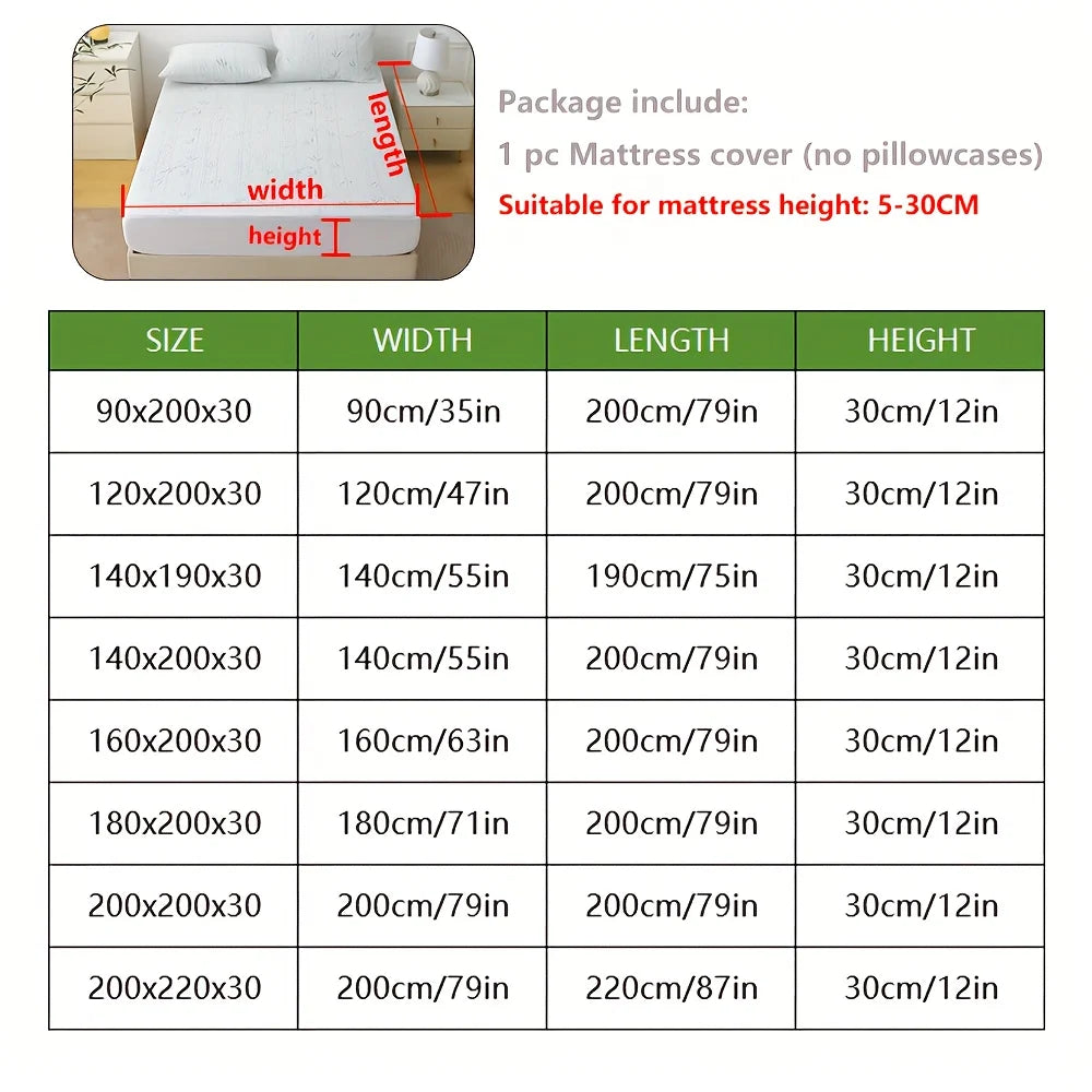 A table showing various sizes of mattress covers and their corresponding dimensions in centimeters and inches.